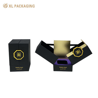 Caja de regalo de perfume con cierre magnético de doble puerta con acabado de lujo de oro negro e inserción de espuma EVA