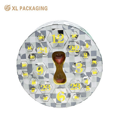 comprar Caja de calendario de Adviento redonda personalizada con 24 cajas de tarjetas hexagonales, inserción de ampollas amarillas y estampado de papel plateado Fabricación en línea