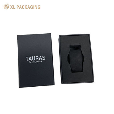 comprar Caja rígida de reloj de papel texturizado negro de lujo | Caja de regalo para reloj con base de tapa de dos piezas reciclable con bandeja de espuma EVA y almohada para reloj Fabricación en línea