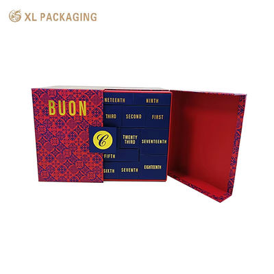 comprar Caja de calendario de Adviento de doble puerta personalizada para condimentos, logotipo de papel de oro caliente, 24 cajas de cajones de tamaño mixto de la Marina con número de papel de oro Fabricación en línea