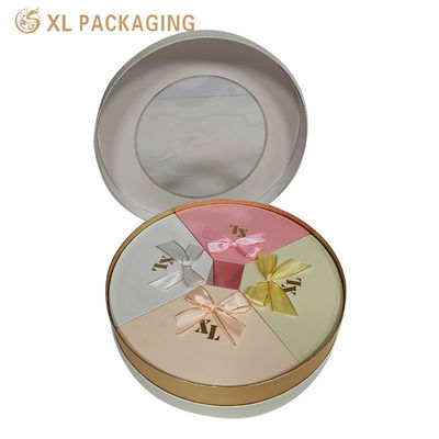 comprar Caja de regalo rígida redonda personalizada con ventana grande de PVC y cuatro compartimentos en forma de abanico para embalaje premium Fabricación en línea