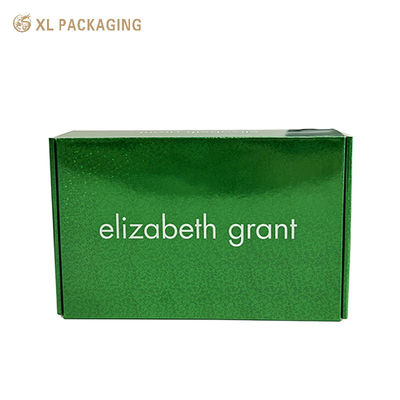 comprar Caja de correos verde holográfica brillante con brillo colorido. Envase cosmético plano con inserción de espuma EPE de 2 cavidades. Fabricación en línea