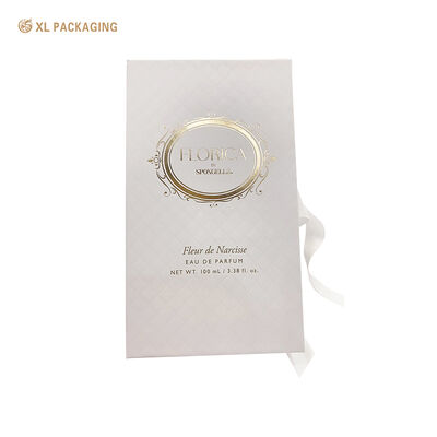 comprar Book Shape Perfume Gift Box with White Ribbon, Embossed & Hot Stamping Gold Luxury Fragrance Packaging Box Fabricación en línea