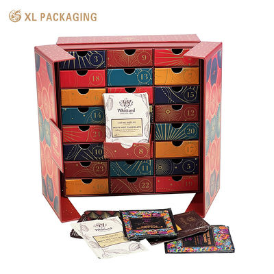 Caja de calendario de Adviento de lujo personalizada de 24 cajones con decoración de papel de oro vintage y estructura de soporte de lado invertido