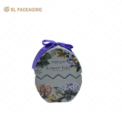 Caja de regalo de lujo de huevo de Pascua, esmalte de uñas, caja rígida cosmética personalizada con 4 ranuras, inserción de espuma EVA y cinta satinada púrpura.