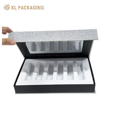 Caja de regalo magnética de lujo de brillo de plata con espejo y bandeja de PVC personalizable para envases cosméticos