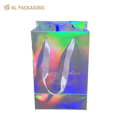 Bolsas de papel de joyería holográfica con logotipo personalizado Bolsas de regalo de papel de plata