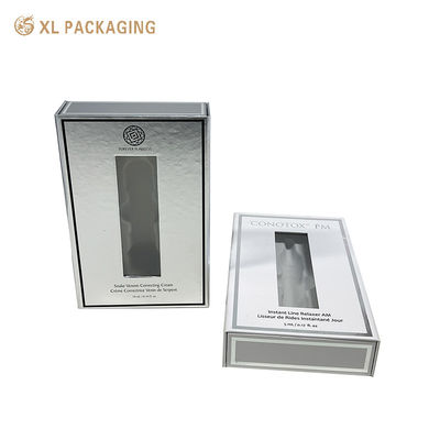 Caja de regalo cosmética de imán de logotipo personalizado con ventana de PVC laminada mate y bandeja de flotación blanca para envases de suero antienvejecimiento