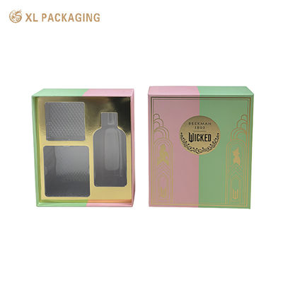 Caja de regalo rígida para el cuidado de la piel, elegante, dividida, rosa, verde, doble estampado en caliente dorado y negro, caja de embalaje de cosméticos de lujo con inserto de PET personalizado, tarjeta dorada forrada