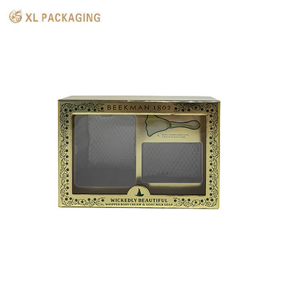 Custom Gold Rigid Two-Piece Gift Box With PET Window, 2mm Grey Board Skincare Set Packaging Box For Body Lotion Soap With PET Insert (Cuadro de regalo de oro rígido de dos piezas con ventana de PET, 2 mm de tablero gris para el cuidado de la piel)