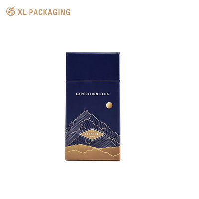 Caja de cartón con apertura de solapa diagonal azul oscuro de primera calidad con impresión Pantone y acabado con puntos UV