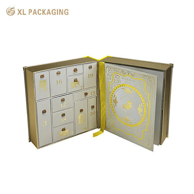 Caja de regalo magnética de calendario de Adviento con 24 ranuras, caja de doble apertura en forma de libro con decoración de esquinas metálicas, caja de embalaje de belleza impresa personalizada