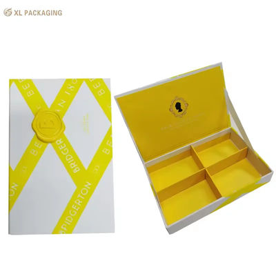 Caja de regalo de jabón de libro magnético personalizado con sello de cera de resina, doble cinta tira 4 compartimentos divisor Caja de embalaje de jabón de baño personalizado