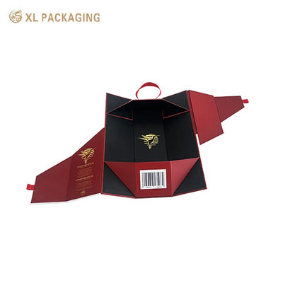 Caja de regalo plegable de lujo para vino con logotipo de lámina plateada y asa de cinta para champán