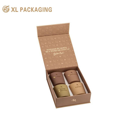 Caja de regalo con vela con tapa magnética con logotipo personalizado, paquete de 4 cajas de embalaje de papel marrón de lujo con bandeja de inserción personalizada para embalaje de regalo cosmético con velas perfumadas