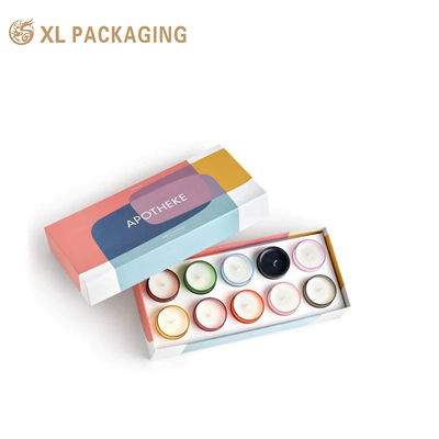 Caja de regalo de velas plegable de paquete plano personalizado, caja de papel de 2 piezas de cartón blanco de 350 gramos, laminación mate 10 cavidades EVA Insert For Candle Packaging OEM OD