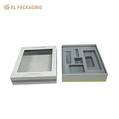 Factory Custom Dos piezas de ventana rígida caja de regalos cinta de arco, personalizado gris flexionado ampolla inserción para el cuidado de la piel envases cosméticos