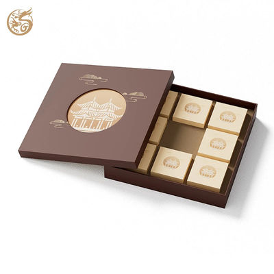 Caja de regalo de pastel de luna personalizada de 2 piezas, caja rígida con tapa de cielo y tierra marrón con diseño de pabellón hueco y inserción de cartón