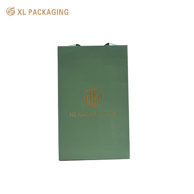 Bolsa de compras de papel de lujo personalizada con papel especial verde mat y logotipo de impresión de papel de oro