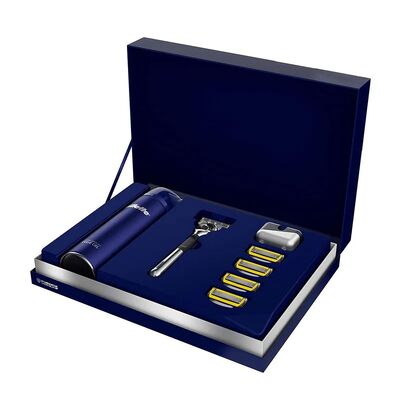 Caja de embalaje de papel de tapa ligada con horquilla de color azul oscuro con cinta para la colección de regalos de comida para té